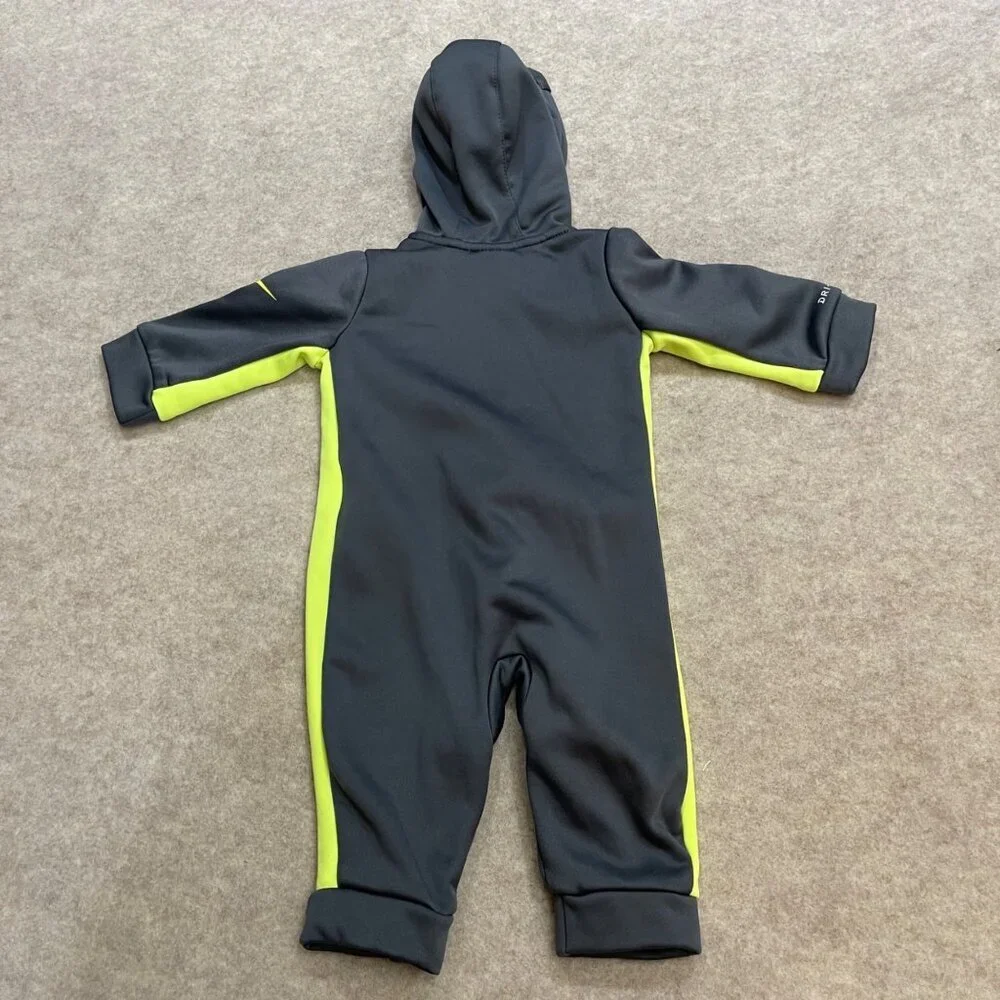 Nike Dri Fit Gray Neon Green Long Sleeve Zipper Romper Baby Boy Size 6 Month